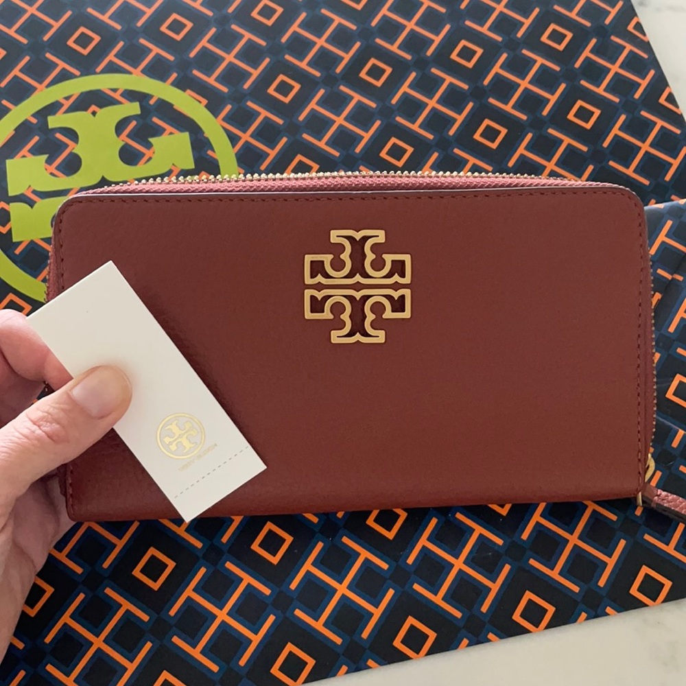 Tory Burch Brown Zip Around Logo Wallet with Gold Hardware